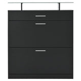 English Elm Slim Entryway Organizer With 2 Flip Drawers, Tempered Glass Top Shoe Storage Cabinet With Drawer, Free Standing Tipping Bucket Shoe Rack With Led Light For Hallway, Black