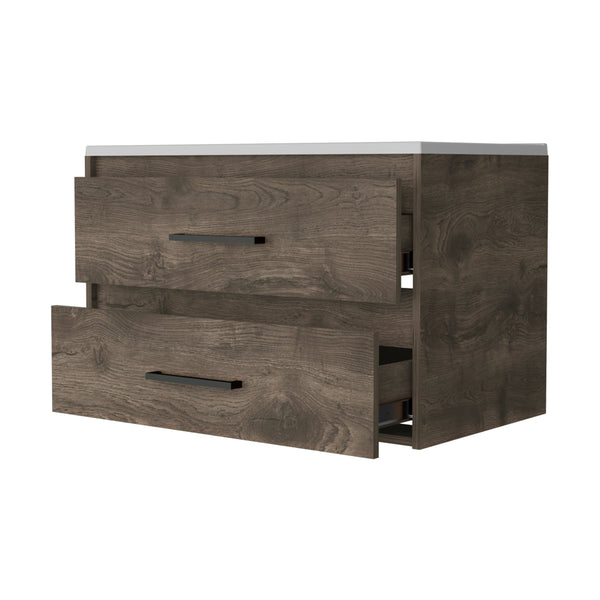 English Elm Lafayette Wall-Mounted Bathroom Vanity 2-Drawer Dark Brown & White, Space-Saving Storage Solution B062S00243