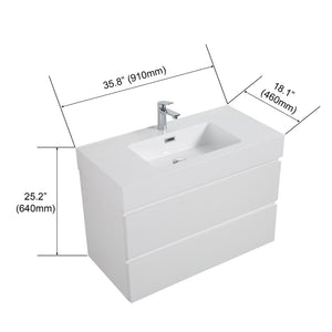 English Elm BB02-36-101, Glossy White Integrated Basin Solid Surface with Overflow — Sleek Modern Bathroom Luxury W1865P321775