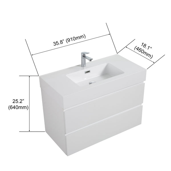 English Elm BB02-60-101, Glossy White Integrated Basin solid surface with overflow, seamless modern bathroom luxury W1865P405816