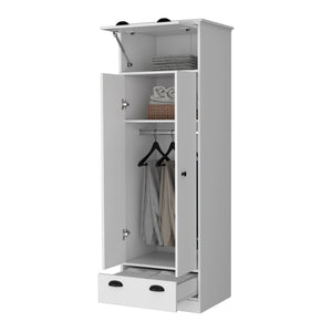 English Elm White Double Door and 1-Drawer Armoire with Hanging Rod, Hinged Top & Spacious Lower Drawer for Compact Spaces B062S00239