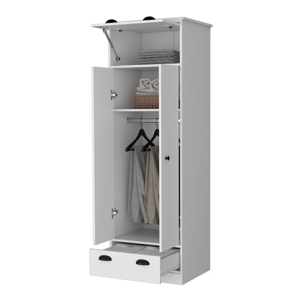 English Elm White Double Door and 1-Drawer Armoire with Hanging Rod, Hinged Top & Spacious Lower Drawer for Compact Spaces B062S00239