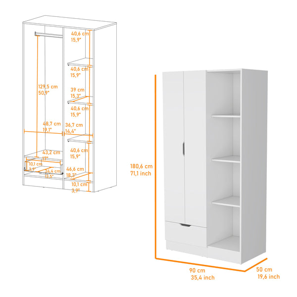 English Elm Cimarron Elegant 2-Door White Armoire with Drawer, 4 Shelves & Hanging Rod for Compact Spaces B062S00244