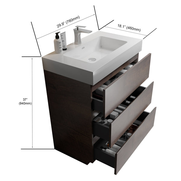 English Elm Alice 30" Freestanding Walnut Bathroom Vanity With Large Storage & Glossy White Sink For Modern Spaces W1865S00020