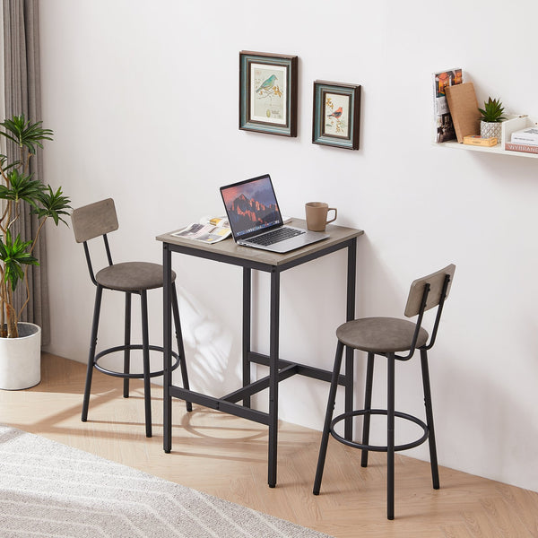 English Elm Bar Table Set with 2 Bar Stools PU Cushioned Backrests Space-Saving Vintage Woodgrain Top Enduring Stability and Comfort Grey W1162104644