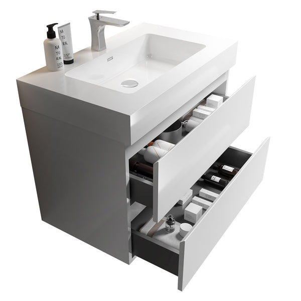 English Elm Alice 30" White Bathroom Vanity - Modern Wall-Mounted Design With Large Storage & Seamless Sink Basin W1865S00002