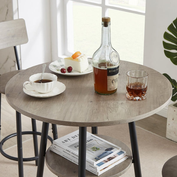 English Elm Round Bar Table Set with Two Pu Leather Stools Steel Frame Kitchen Pub Dining Grey W1162101846