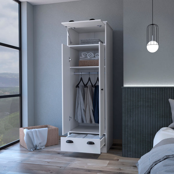 English Elm White Double Door and 1-Drawer Armoire with Hanging Rod, Hinged Top & Spacious Lower Drawer for Compact Spaces B062S00239