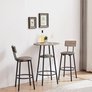 English Elm Round Bar Table Set with Two Pu Leather Stools Steel Frame Kitchen Pub Dining Grey W1162101846