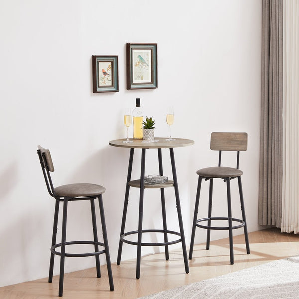 English Elm Round Bar Table Set with Two Pu Leather Stools Steel Frame Kitchen Pub Dining Grey W1162101846