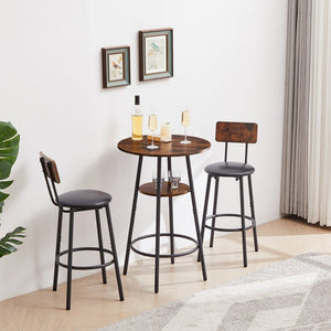 English Elm Round Bar Table Set with Two Pu Leather Stools Steel Frame Kitchen Pub Dining Rustic Brown W1162101847