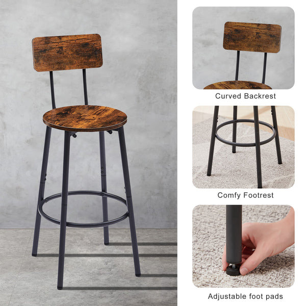English Elm Round bar stool set with shelves & backrest, Rustic Brown 3-piece bar table set, comfy support, sturdy stability W116294524