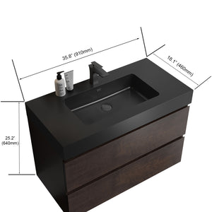 English Elm Alice 36" Walnut Bathroom Vanity With Black Sink - Modern Design, Large Storage & Easy Clean Features W1865S00009