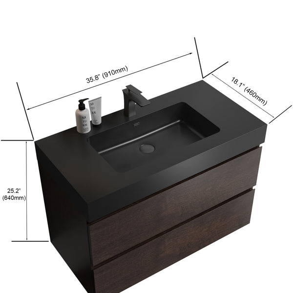 English Elm Alice 36" Walnut Bathroom Vanity With Black Sink - Modern Design, Large Storage & Easy Clean Features W1865S00009