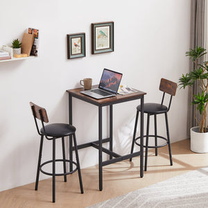 English Elm Bar Table Set with 2 Bar Stools PU Cushioned Backrests Space-Saving Vintage Woodgrain Top Enduring Stability and Comfort Rustic Brown W1162104643