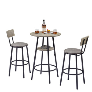 English Elm Round Bar Table Set with Two Pu Leather Stools Steel Frame Kitchen Pub Dining Grey W1162101846