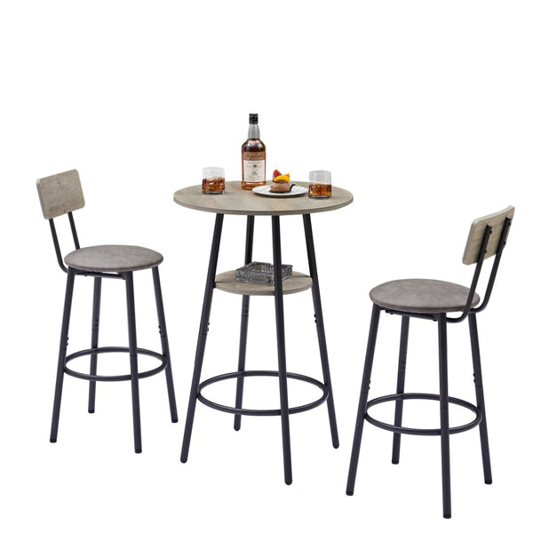 English Elm Round Bar Table Set with Two Pu Leather Stools Steel Frame Kitchen Pub Dining Grey W1162101846