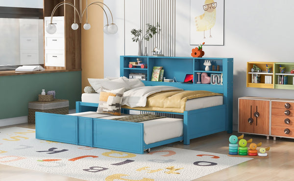 English Elm Metal Twin Size Daybed with Trundle, Built-In Shelves & USB Charging Ports for Small Spaces Blue GX001118AAC