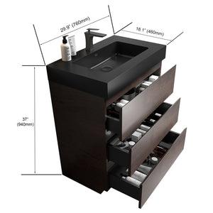 English Elm Alice 30" Walnut Bathroom Vanity With Soft-Close Drawers, Modern Black Sink, & Ample Storage Solutions W1865S00011