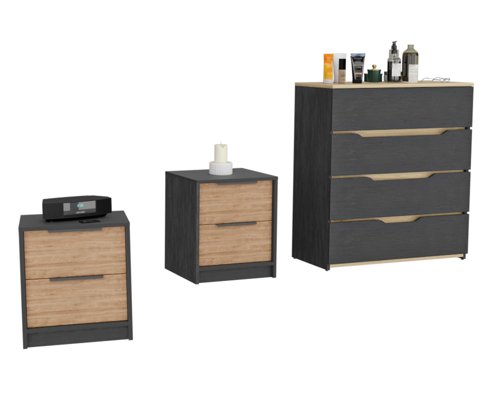 English Elm 3-Piece Modern Bedroom Set: Stylish Nightstands & Dresser In Wenge, Pine & Light Oak Finish B062S00224