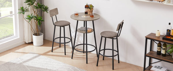 English Elm Round Bar Table Set with Two Pu Leather Stools Steel Frame Kitchen Pub Dining Grey W1162101846