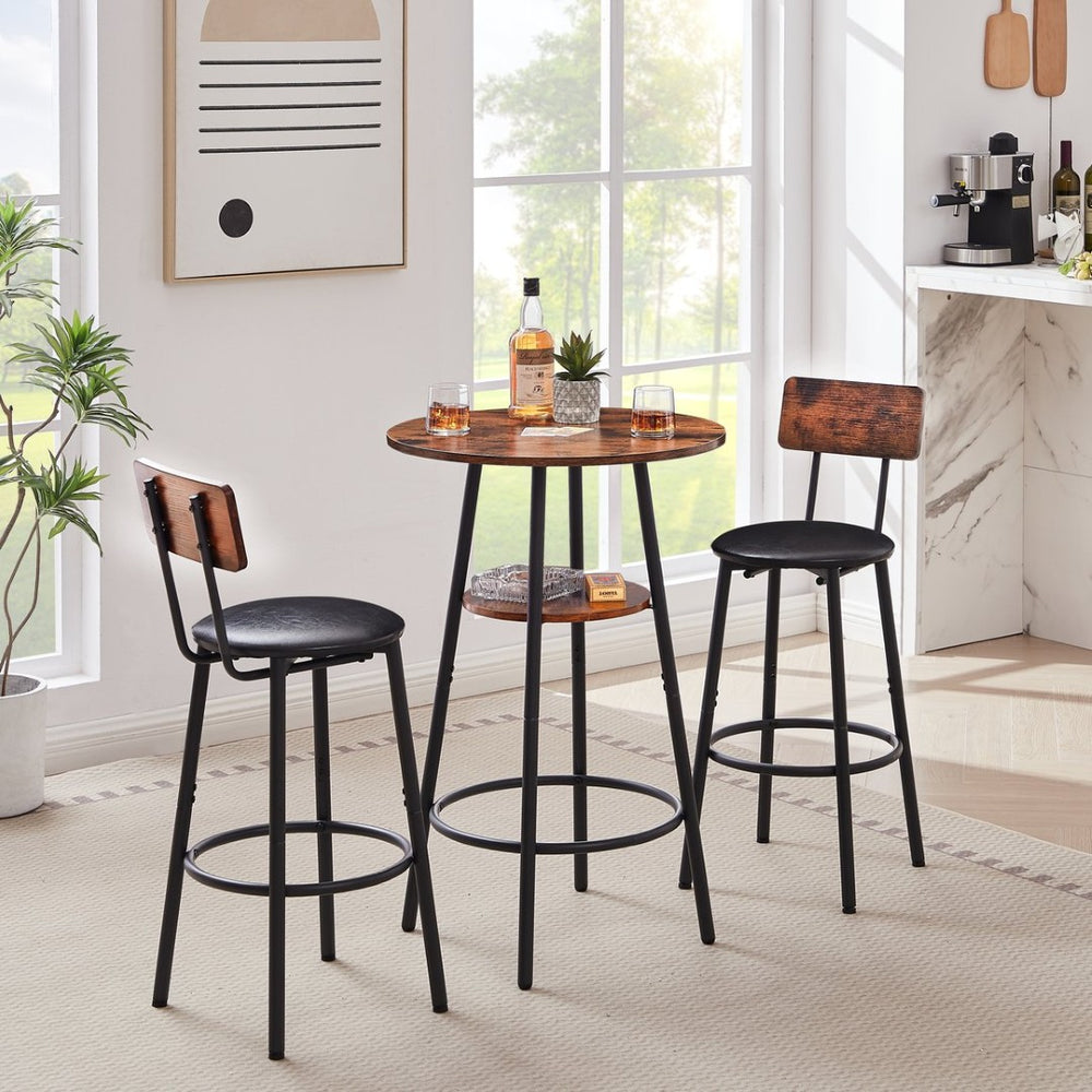 English Elm Round Bar Table Set with Two Pu Leather Stools Steel Frame Kitchen Pub Dining Rustic Brown W1162101847