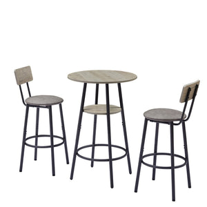 English Elm Round Bar Table Set with Two Pu Leather Stools Steel Frame Kitchen Pub Dining Grey W1162101846
