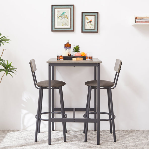 English Elm Bar Table Set with 2 Bar Stools PU Cushioned Backrests Space-Saving Vintage Woodgrain Top Enduring Stability and Comfort Grey W1162104644