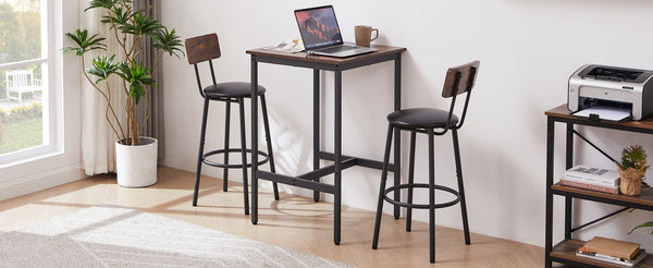 English Elm Bar Table Set with 2 Bar Stools PU Cushioned Backrests Space-Saving Vintage Woodgrain Top Enduring Stability and Comfort Rustic Brown W1162104643
