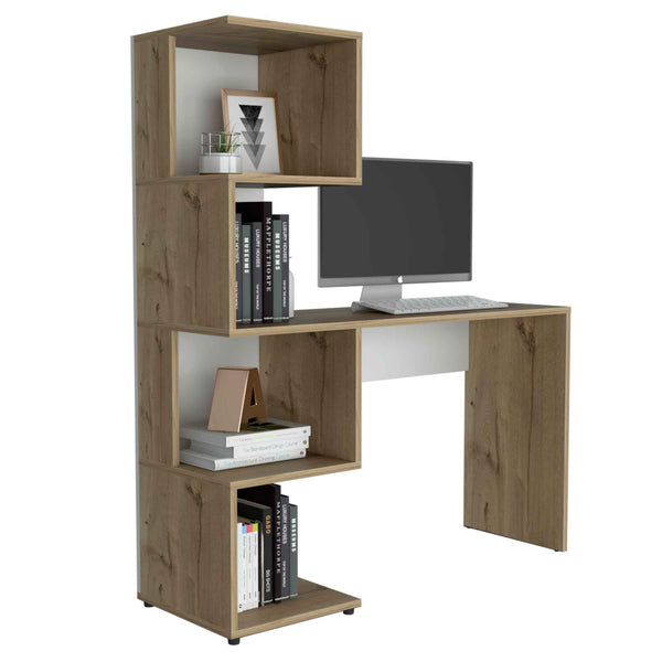 English Elm Light Oak and White Modern Writing Desk with Geometric Bookcase, 4 Shelves, Spacious Work Surface and Ergonomic Legroom, 47.2" Wide Organized Home Office Center B062111639