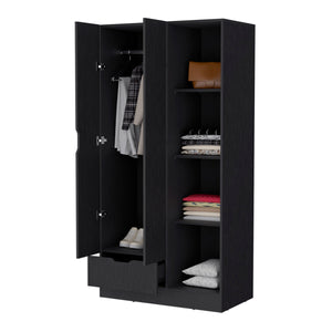 English Elm 2-Door Wenge Armoire Cabinet with Hanging Rod, 4 Shelves & Drawer for Compact Bedroom Storage B062S00245