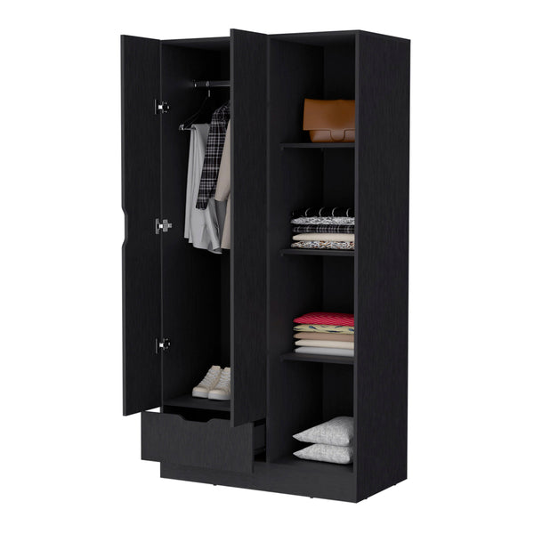 English Elm 2-Door Wenge Armoire Cabinet with Hanging Rod, 4 Shelves & Drawer for Compact Bedroom Storage B062S00245