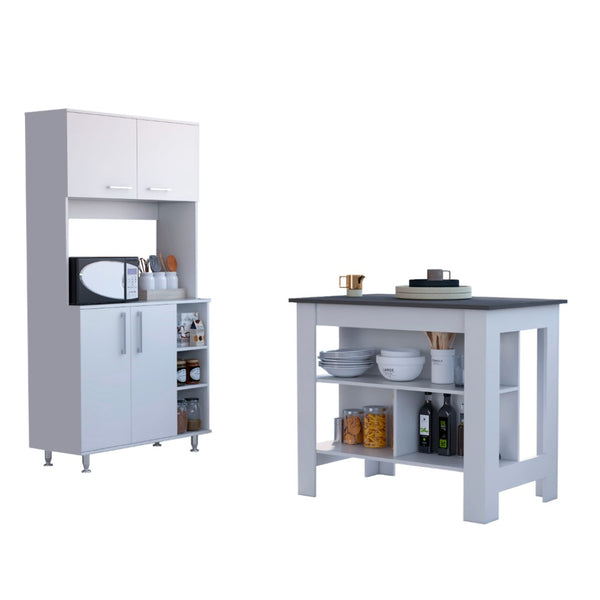 English Elm White 2-Piece Kitchen Set: Elegant Island & Pantry Cabinet For Stylish Organization & Prep Space B062S00230-GIGA