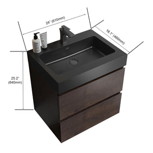 English Elm Alice 24" Walnut Bathroom Vanity - Modern Floating Design With Large Storage & Black Sink Basin W1865S00007