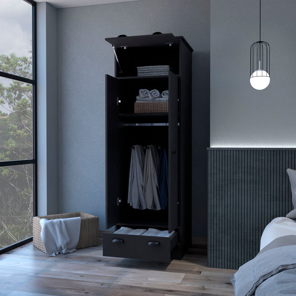 English Elm Double Double Door Armoire Wenge with 1 Drawer, Hanging Rod & Hidden Top Compartment for Small Spaces B062S00240