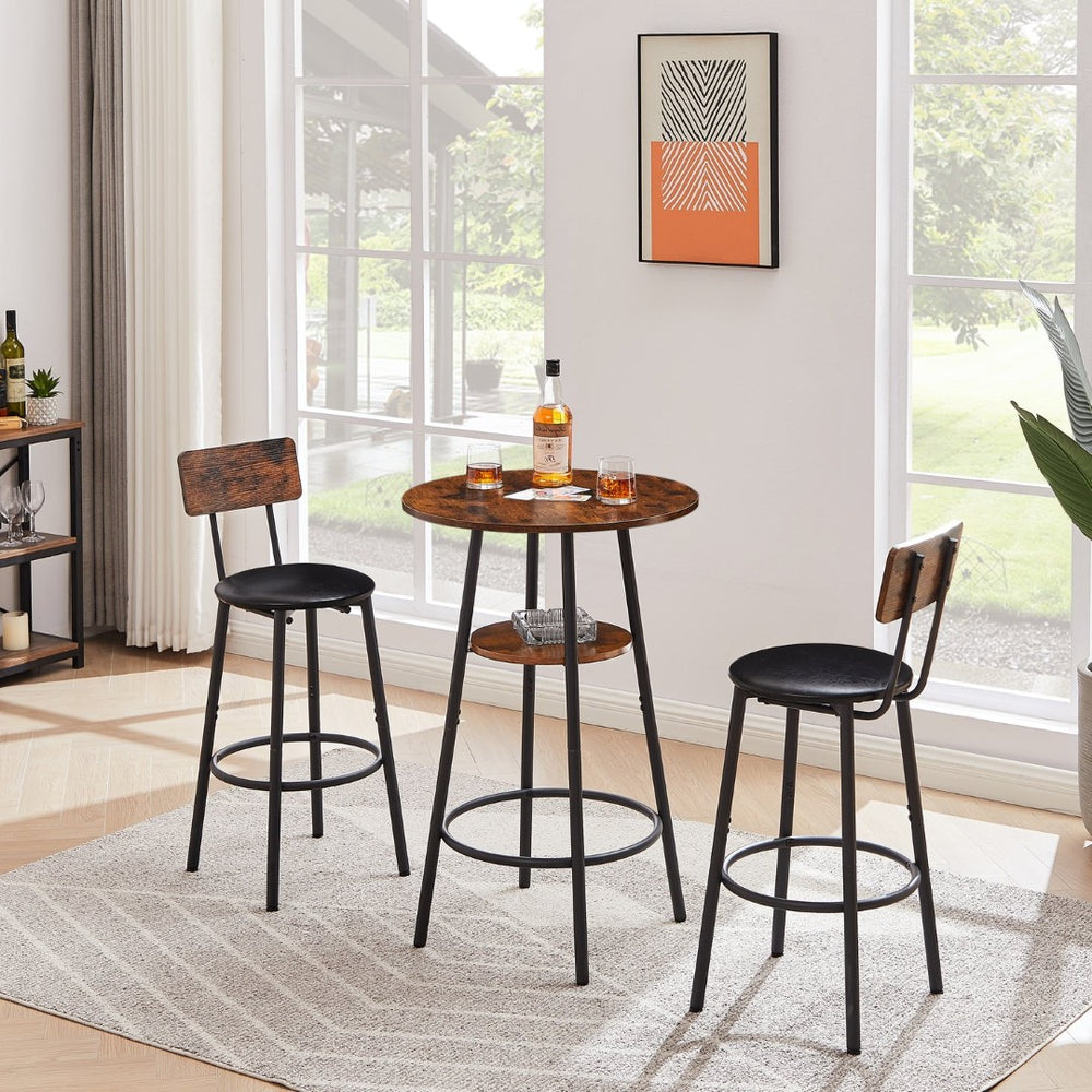English Elm Round Bar Table Set with Two Pu Leather Stools Steel Frame Kitchen Pub Dining Rustic Brown W1162101847