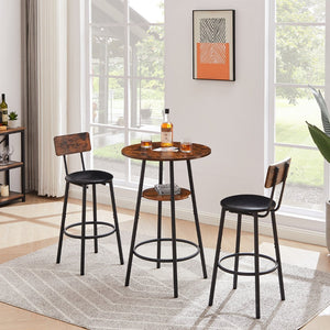 English Elm Round Bar Table Set with Two Pu Leather Stools Steel Frame Kitchen Pub Dining Rustic Brown W1162101847