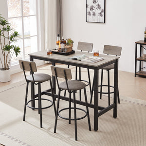 English Elm Bar Table Set with 4 PU Backrest Stools, Grey – Spacious 47.24"x23.62" Top, Thick Steel Frame, Cozy Seats W1162102876