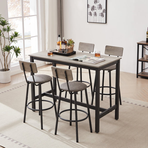 English Elm Bar Table Set with 4 PU Backrest Stools, Grey – Spacious 47.24"x23.62" Top, Thick Steel Frame, Cozy Seats W1162102876