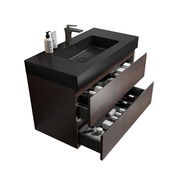English Elm Alice 36" Walnut Bathroom Vanity With Black Sink - Modern Design, Large Storage & Easy Clean Features W1865S00009