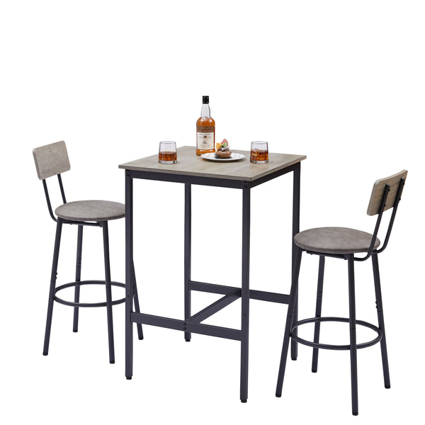 English Elm Bar Table Set with 2 Bar Stools PU Cushioned Backrests Space-Saving Vintage Woodgrain Top Enduring Stability and Comfort Grey W1162104644