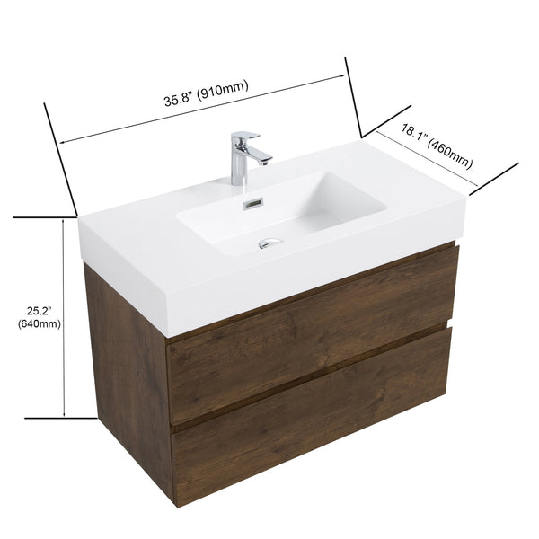 English Elm Alice 36" Walnut Floating Bathroom Vanity With Integrated Sink - Modern Design, Ample Storage Space! W1865S00018