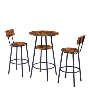 English Elm Round bar stool set with shelves & backrest, Rustic Brown 3-piece bar table set, comfy support, sturdy stability W116294524