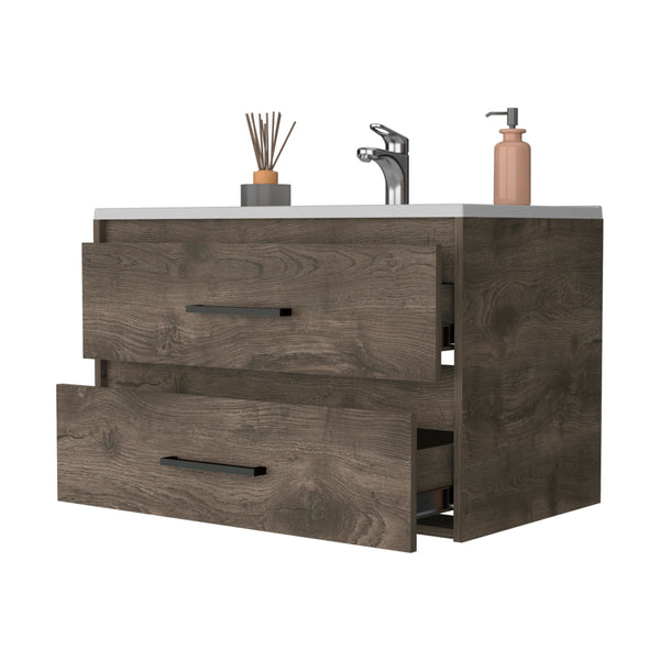 English Elm Lafayette Wall-Mounted Bathroom Vanity 2-Drawer Dark Brown & White, Space-Saving Storage Solution B062S00243