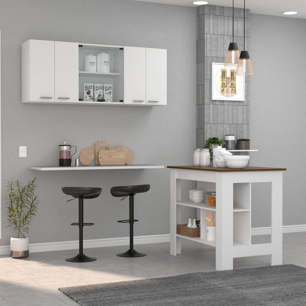 English Elm Briargate 2-Piece Kitchen Set with Island & Glass-Door Wall Cabinet, White Walnut Contrast for Storage and Style B062S00231