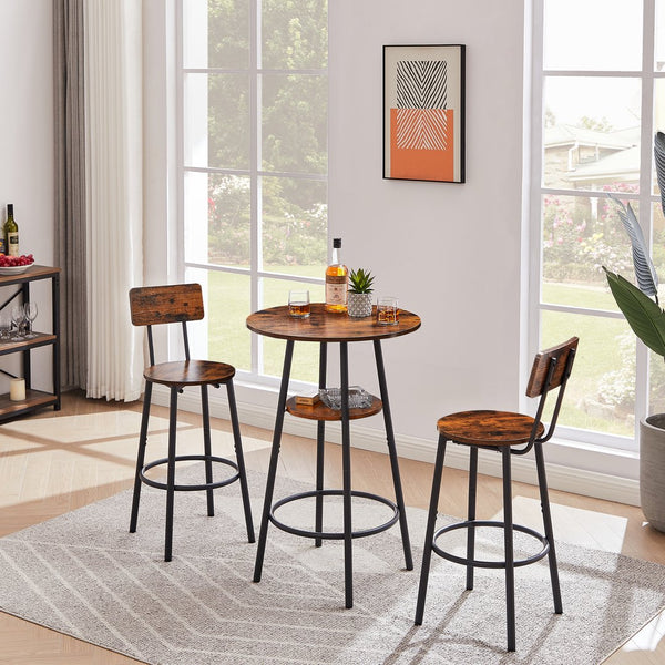 English Elm Round bar stool set with shelves & backrest, Rustic Brown 3-piece bar table set, comfy support, sturdy stability W116294524