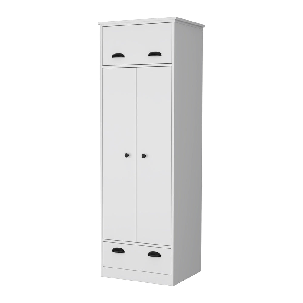 English Elm White Double Door and 1-Drawer Armoire with Hanging Rod, Hinged Top & Spacious Lower Drawer for Compact Spaces B062S00239