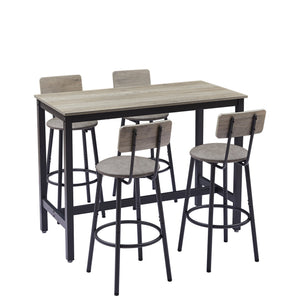 English Elm Bar Table Set with 4 PU Backrest Stools, Grey – Spacious 47.24"x23.62" Top, Thick Steel Frame, Cozy Seats W1162102876
