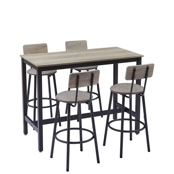 English Elm Bar Table Set with 4 PU Backrest Stools, Grey – Spacious 47.24"x23.62" Top, Thick Steel Frame, Cozy Seats W1162102876