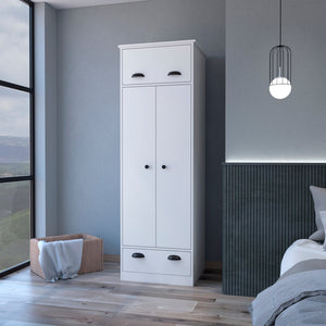 English Elm White Double Door and 1-Drawer Armoire with Hanging Rod, Hinged Top & Spacious Lower Drawer for Compact Spaces B062S00239
